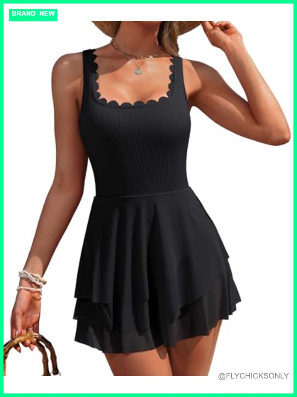 Women One Piece Swimdress Scallop Neck Mesh Sheer Tummy Control